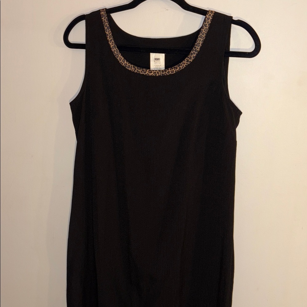 Vintage 1980s Black Sheath Dress With Leopard Trim Office Casual Retro Size 10P - Picture 17 of 17